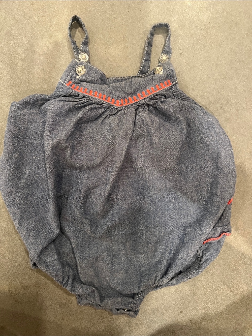 Pink Chicken Baby Girl Chambray Bubble Romper Coral Trim 12-18M